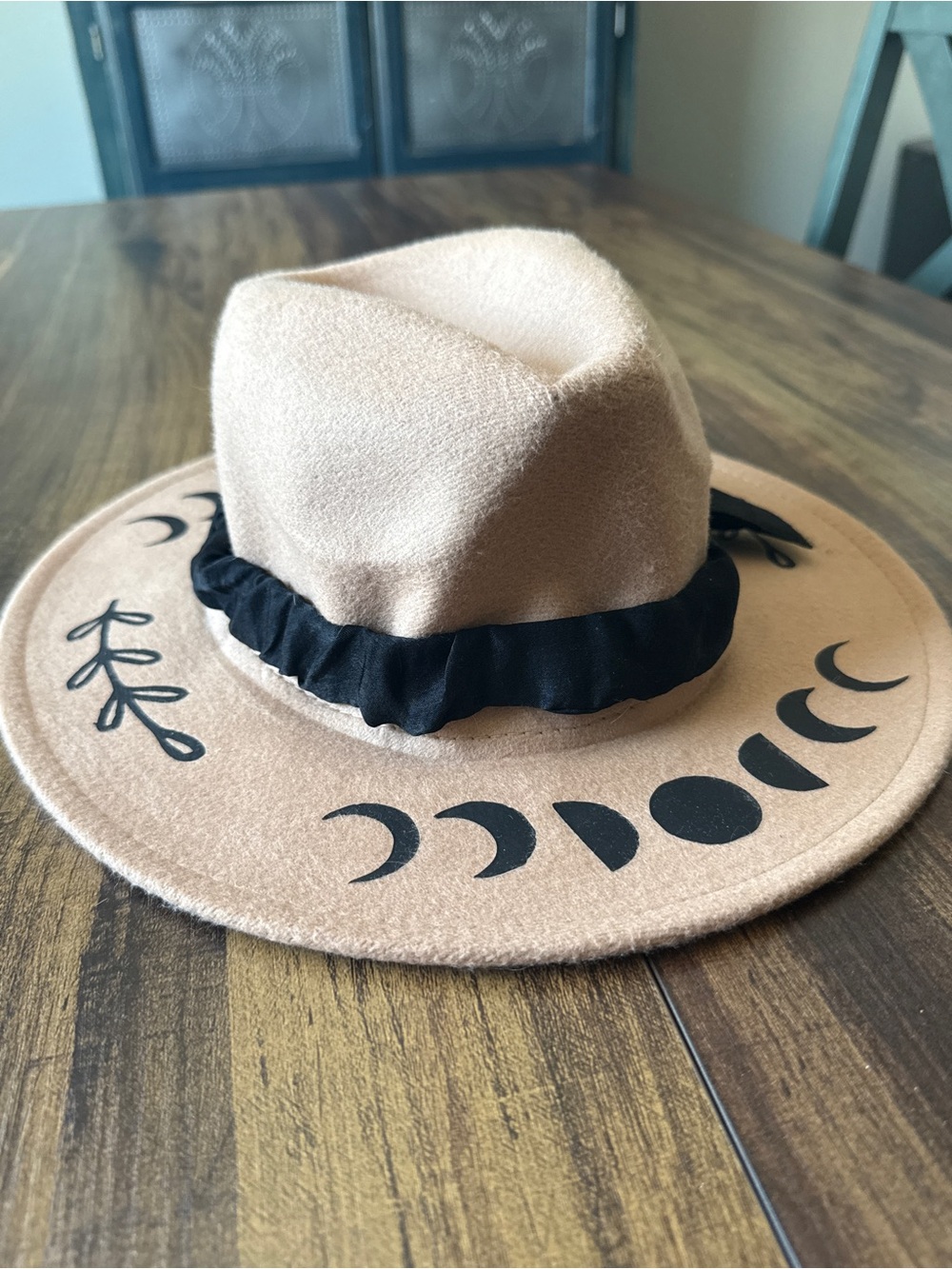 Tan Felt Fedora with Black Moon Design and Ruffle Band